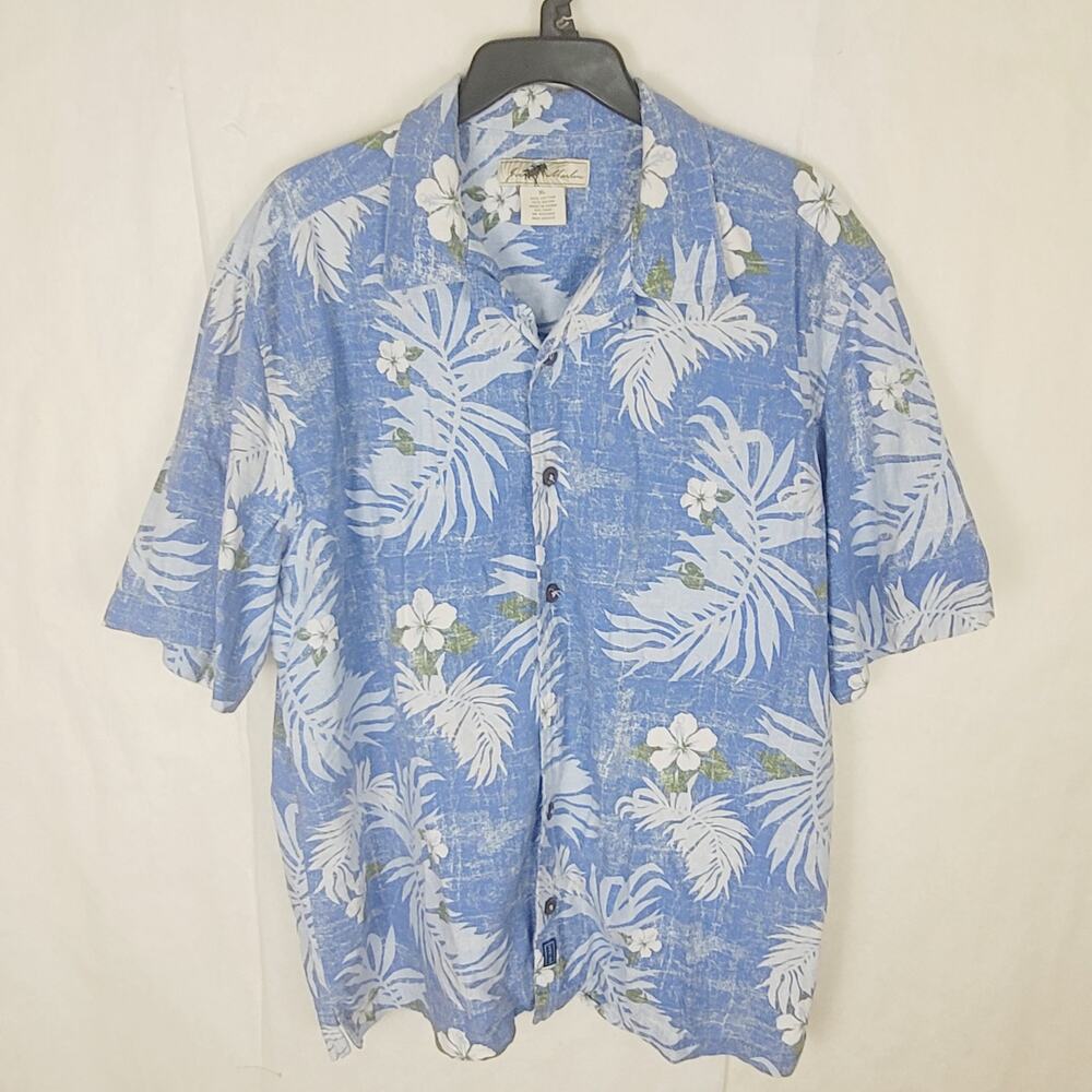 Joe Marlin blue and white floral print Hawaiian button up shirt Size XL Retro